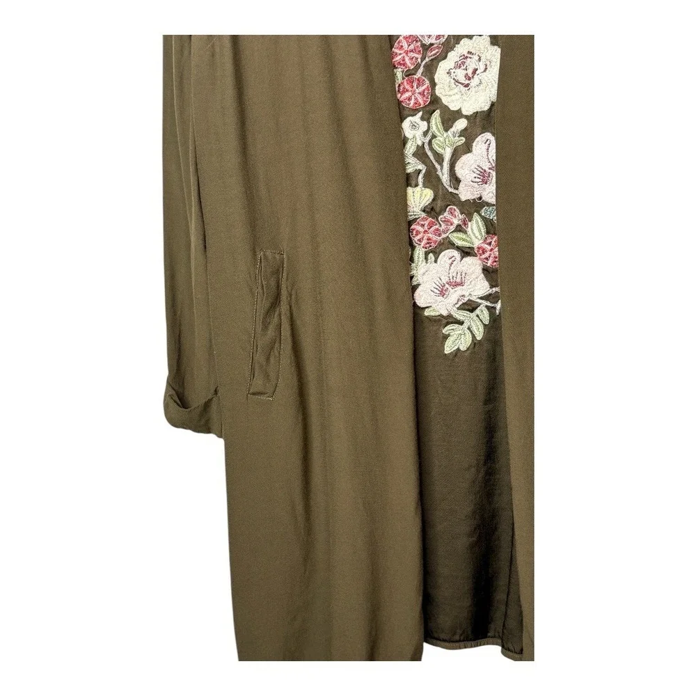 Gibson Latimer Duster Cardigan Womens 1X Olive Green Floral Embroidered Long‎